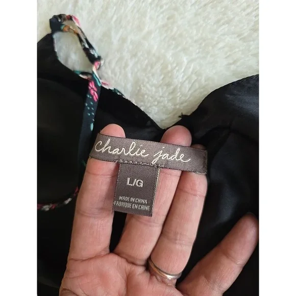 Charlie Jade Maxi Dress Womens L Black Floral With Multicolors Spaghetti Strap‎ - Picture 13 of 15